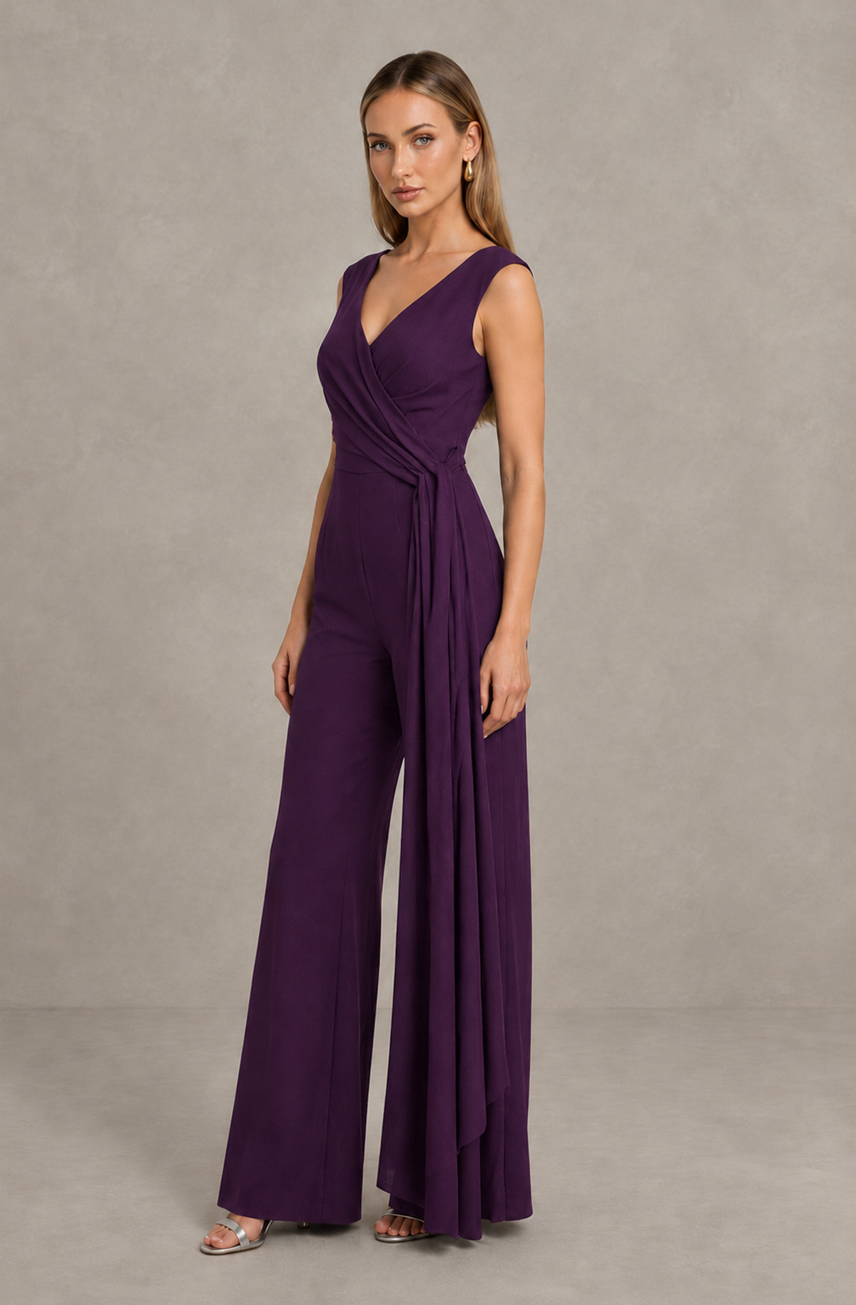 BOLODOO Plum Sleeveless V-Neck Wide-Leg Jumpsuit with Side Drape - Plum - Plum_04