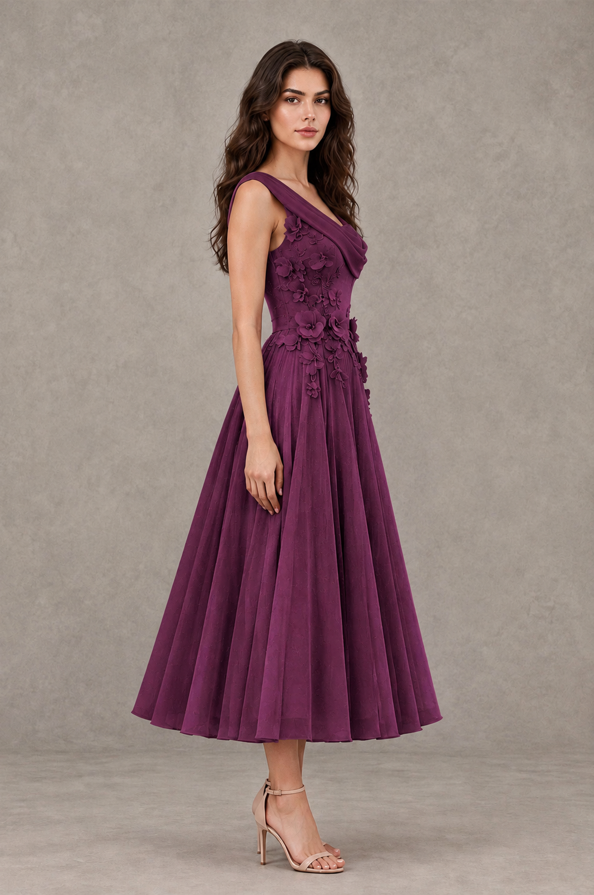 BOLODOO Plum One-Shoulder Floral Tulle Tea-Length Dress - Plum - Plum_04