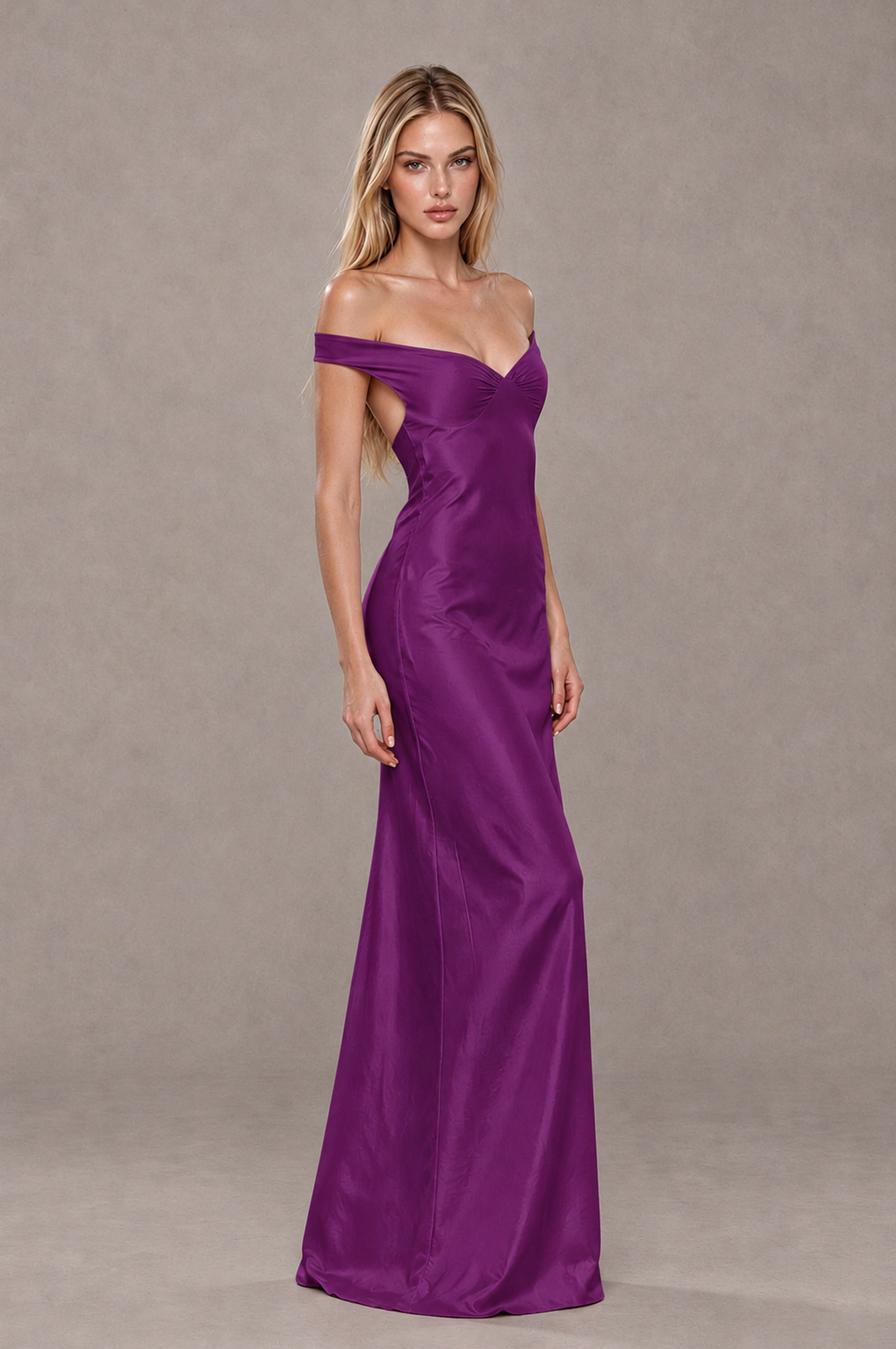 BOLODOO Plum Off-Shoulder Open-Back Satin Evening Gown - Plum - Plum_04