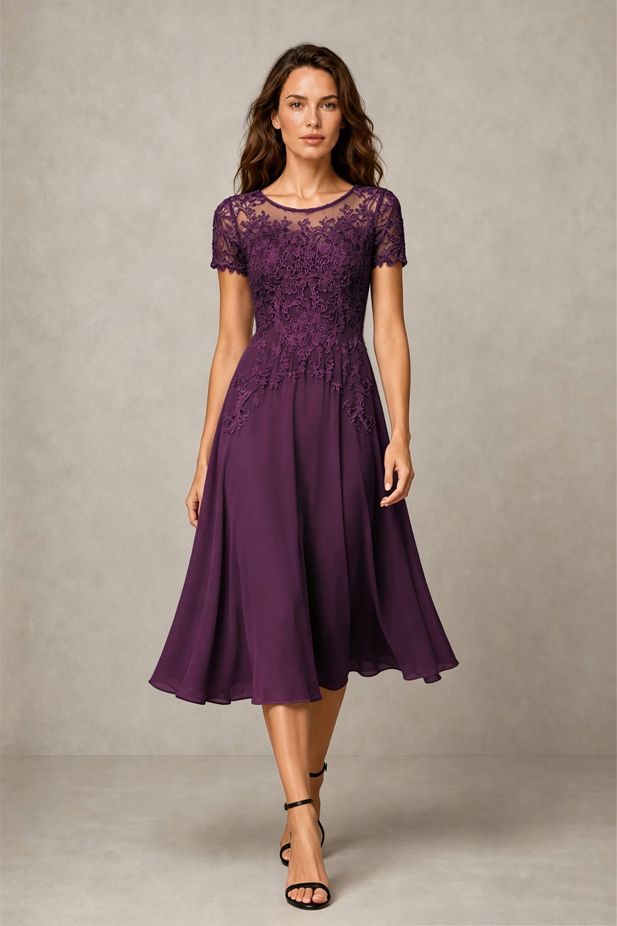 BOLODOO Steel Plum Beaded Lace Illusion Bodice Chiffon Tea-Length Dress | Mother of the Bride & Cocktail Party - Plum