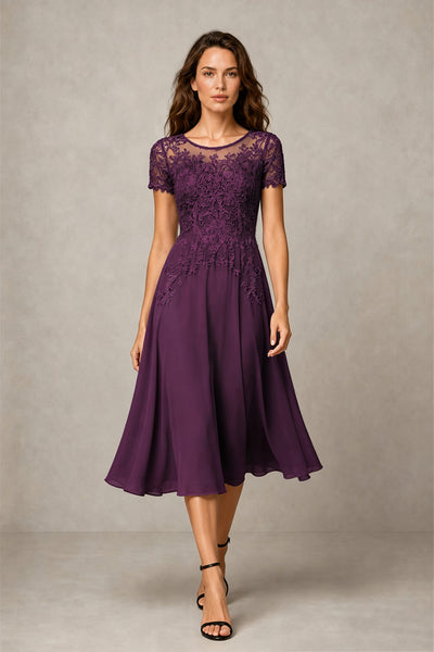 BOLODOO Steel Plum Beaded Lace Illusion Bodice Chiffon Tea-Length Dress | Mother of the Bride & Cocktail Party - Plum