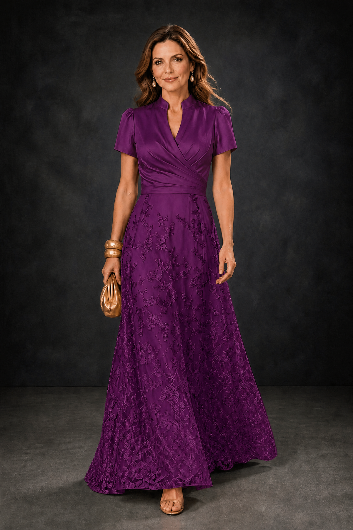 BOLODOO Plum Satin Wrap V-Neck Short Sleeve Lace Glitter A-Line Floor Length Evening Gown – Formal Dress - Plum