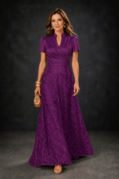 BOLODOO Plum Satin Wrap V-Neck Short Sleeve Lace Glitter A-Line Floor Length Evening Gown – Formal Dress - Plum