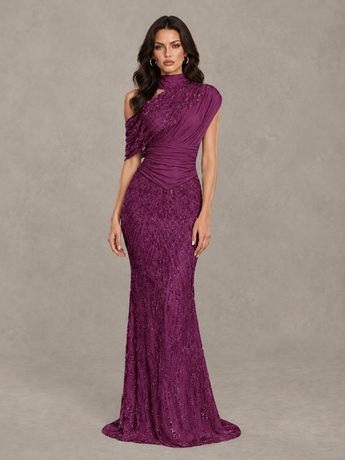 BOLODOO Plum High Neck Draped Sequin Mermaid Evening Gown - Plum - Plum_1