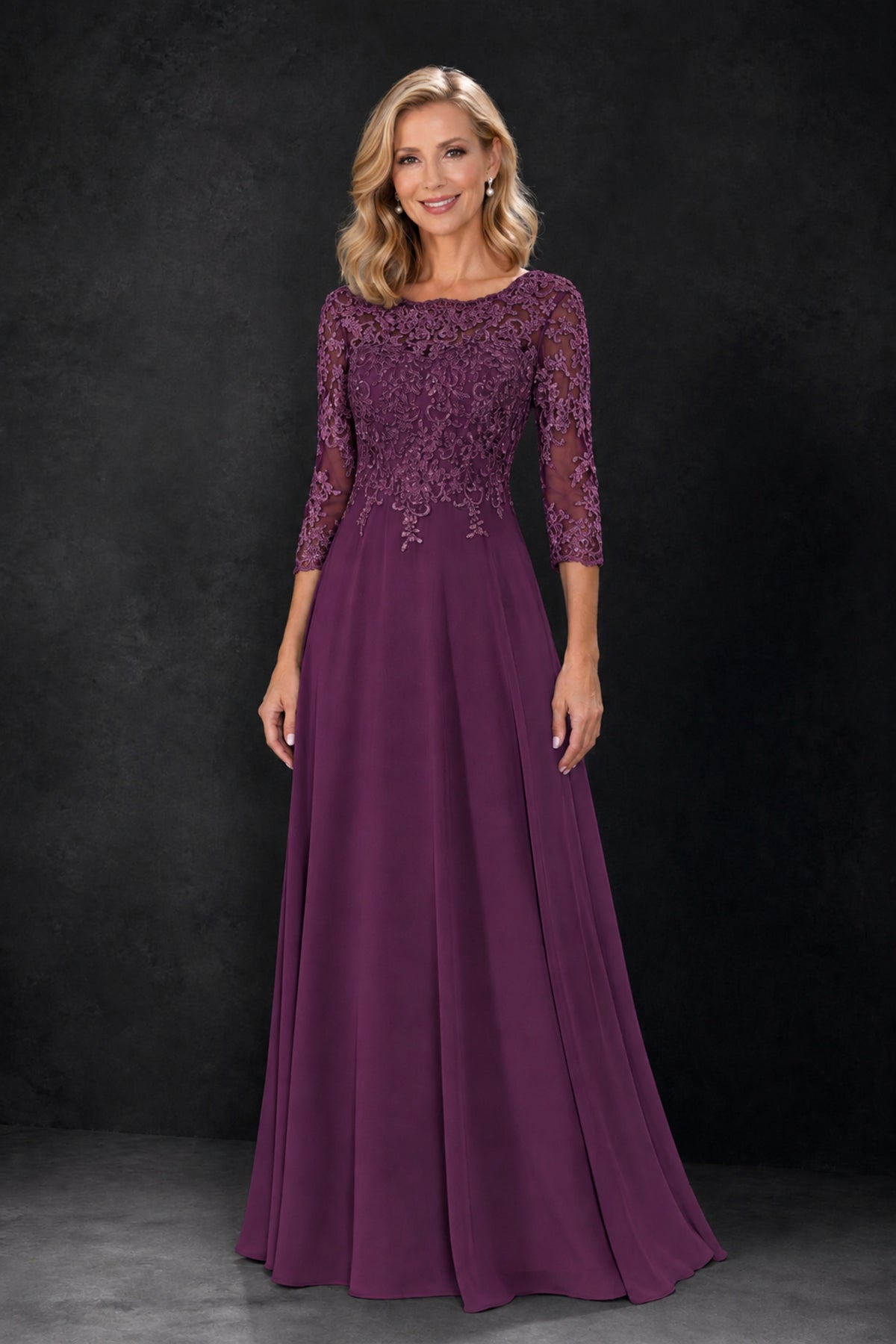 BOLODOO Plum Lace Embroidered Mother of the Bride Dress with 3/4 Sleeves - Plum