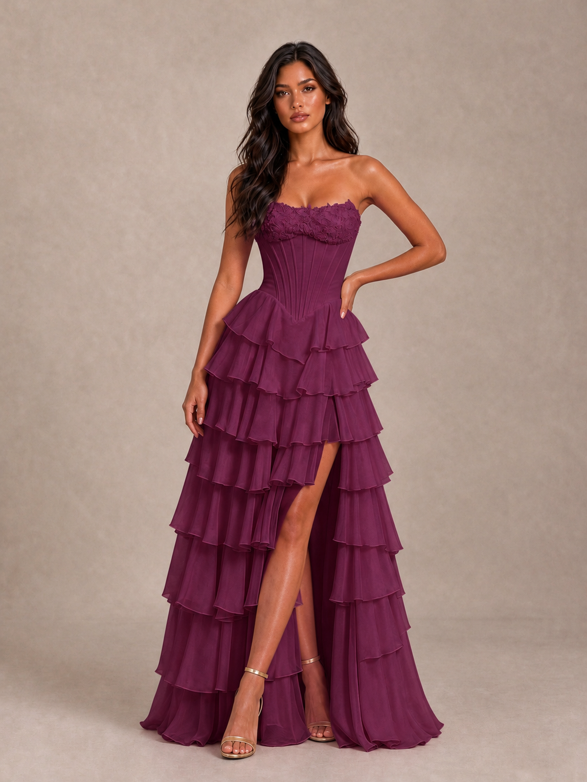 BOLODOO Plum Strapless Corset Tiered Ruffle Prom Dress with High Slit - Plum - Plum_1