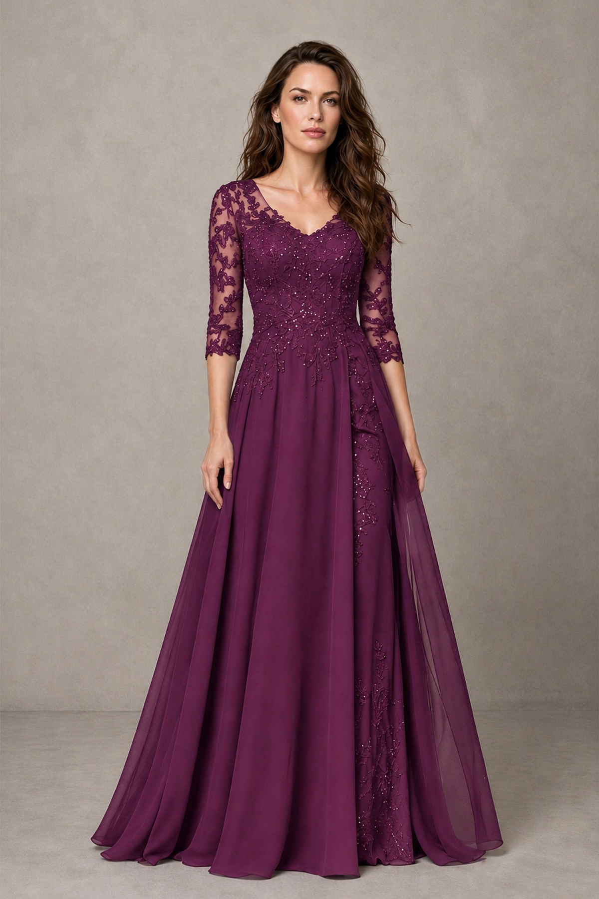 BOLODOO Midnight Plum Beaded Lace Appliqué Chiffon A-Line Gown | Mother of the Bride & Formal Evening Dress - Plum - Plum_1