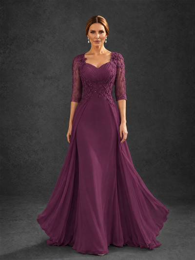 BOLODOO Plum Sweetheart Neck 3/4 Sleeve Floral Lace Illusion Bodice Chiffon A-Line Gown - Plum