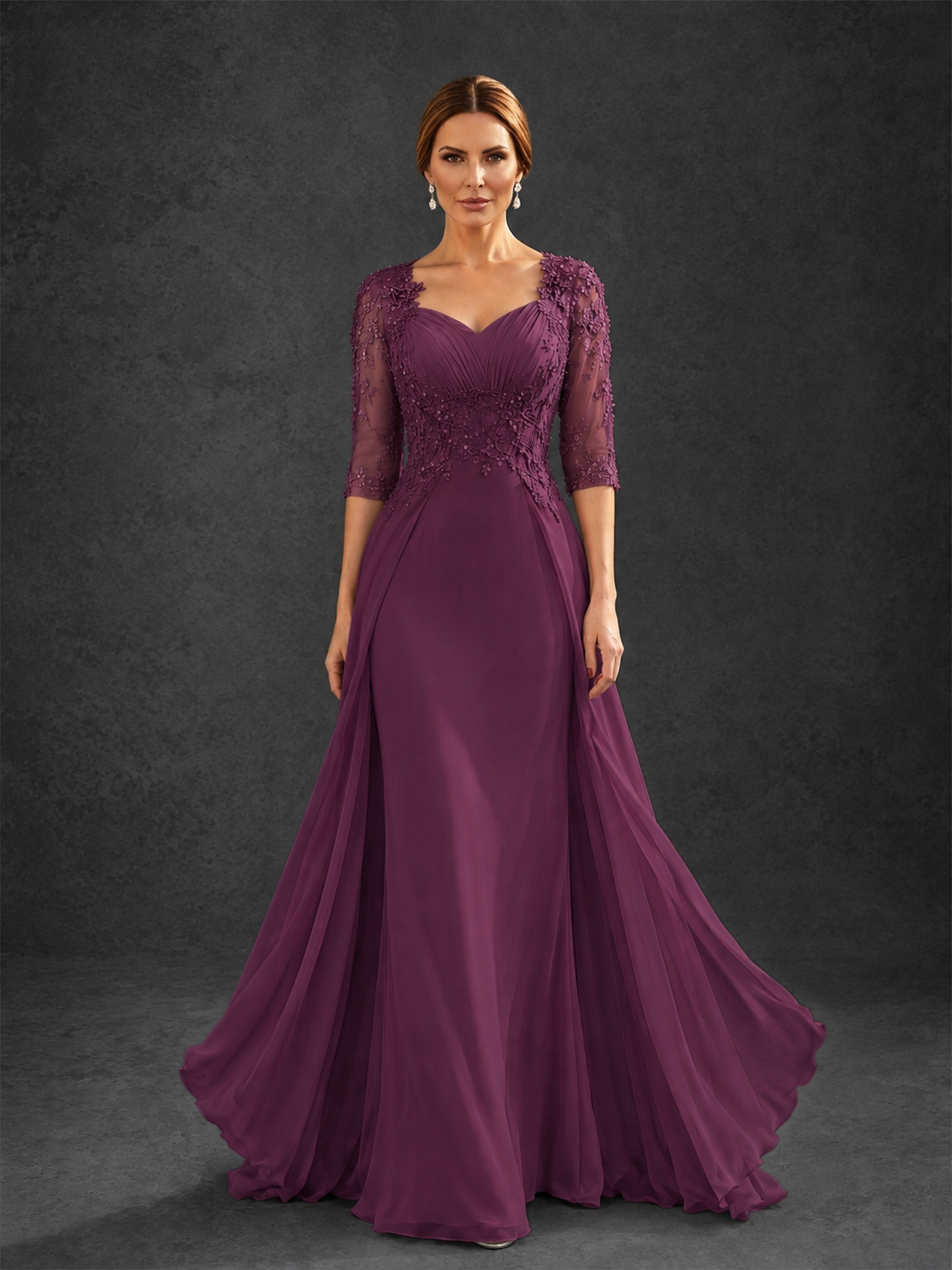 BOLODOO Plum Sweetheart Neck 3/4 Sleeve Floral Lace Illusion Bodice Chiffon A-Line Gown - Plum