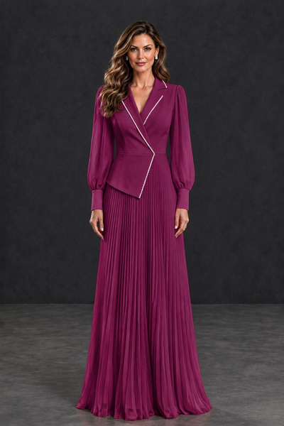 BOLODOO Plum Long Sleeve Pleated Mother of the Bride Dress - Plum - Plum_1