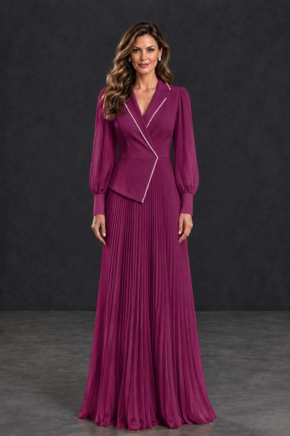 BOLODOO Plum Long Sleeve Pleated Mother of the Bride Dress - Plum - Plum_1