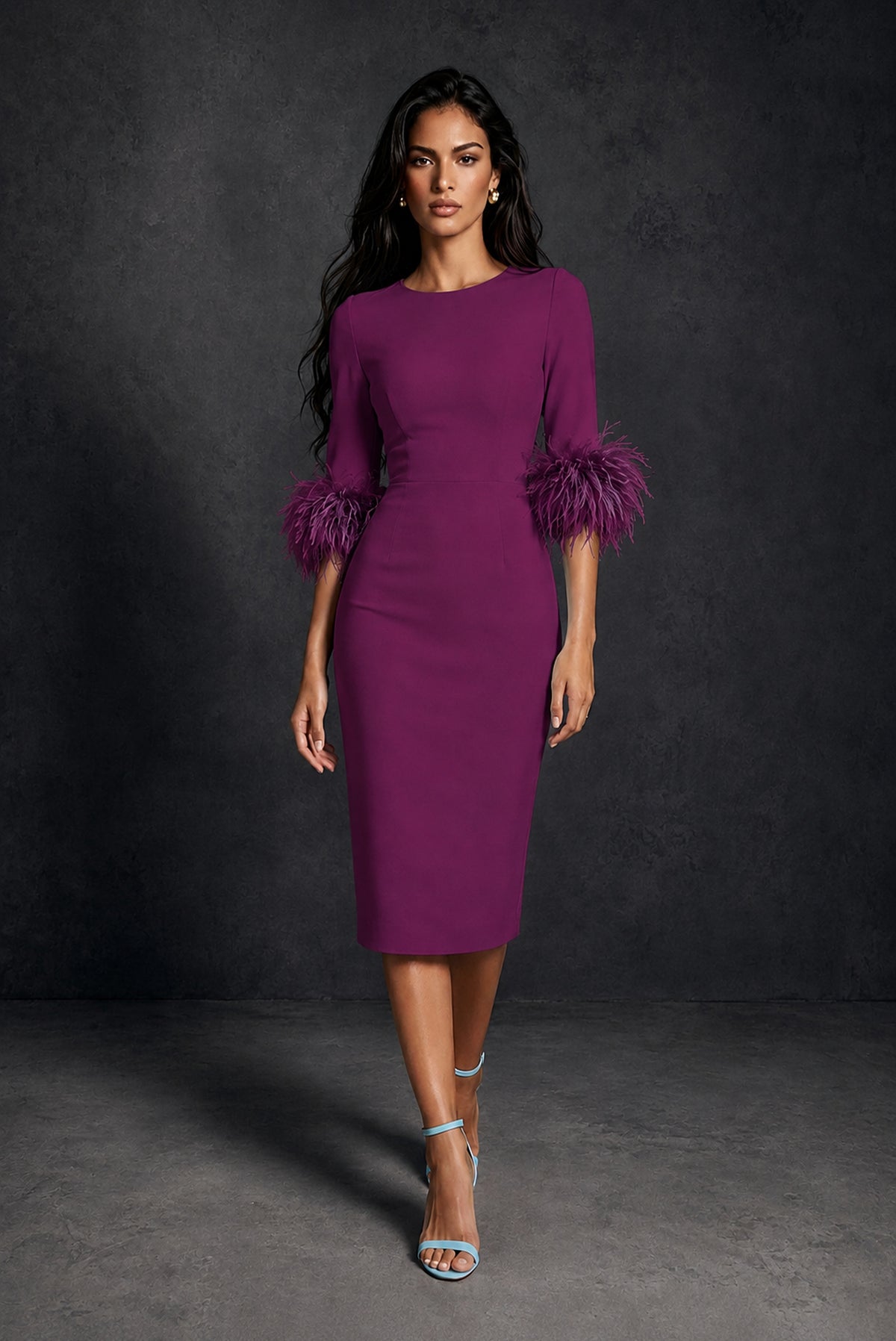 BOLODOO Plum Ostrich Feather Cuff 3/4 Sleeve Round Neck Bodycon Midi Dress with Back Slit - Plum
