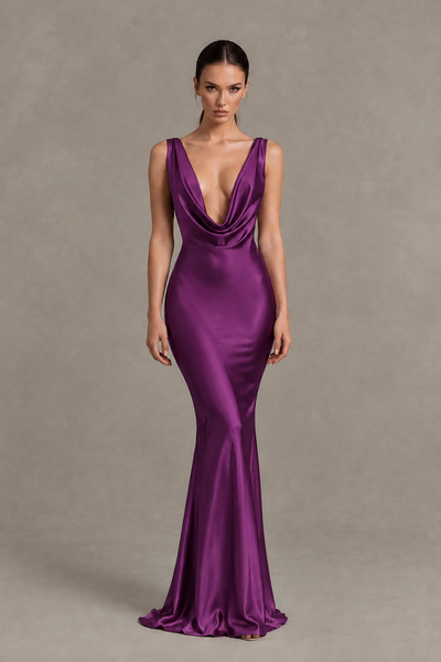 BOLODOO Plum Cowl Neck Backless Satin Mermaid Evening Dress - Plum - Plum_1