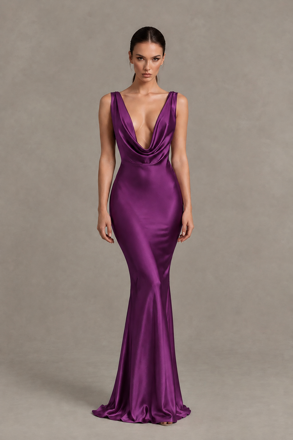 BOLODOO Plum Cowl Neck Backless Satin Mermaid Evening Dress - Plum - Plum_1