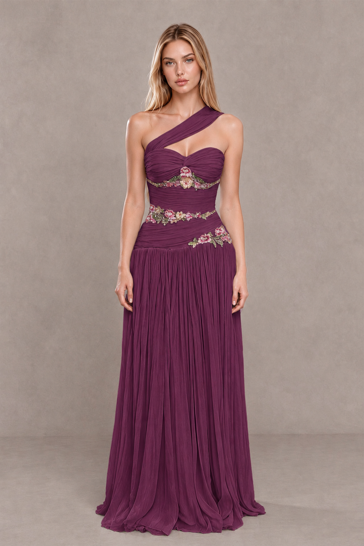BOLODOO Plum One-Shoulder Floral Applique A-Line Evening Dress - Plum - Plum_1