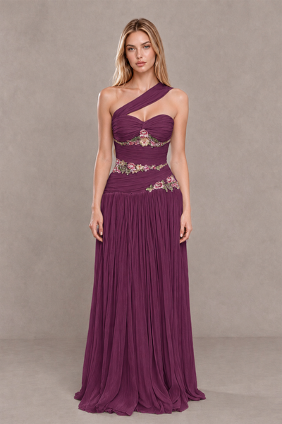 BOLODOO Plum One-Shoulder Floral Applique A-Line Evening Dress - Plum - Plum_1