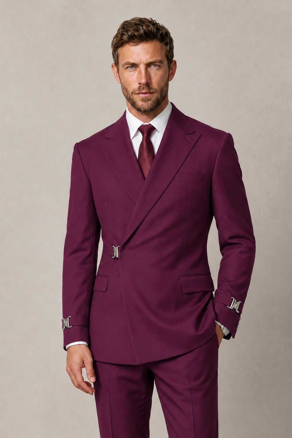 BOLODOO Men's Plum Double-Breasted 2-Piece Suit Set – Blazer & Tailored Trousers - Plum