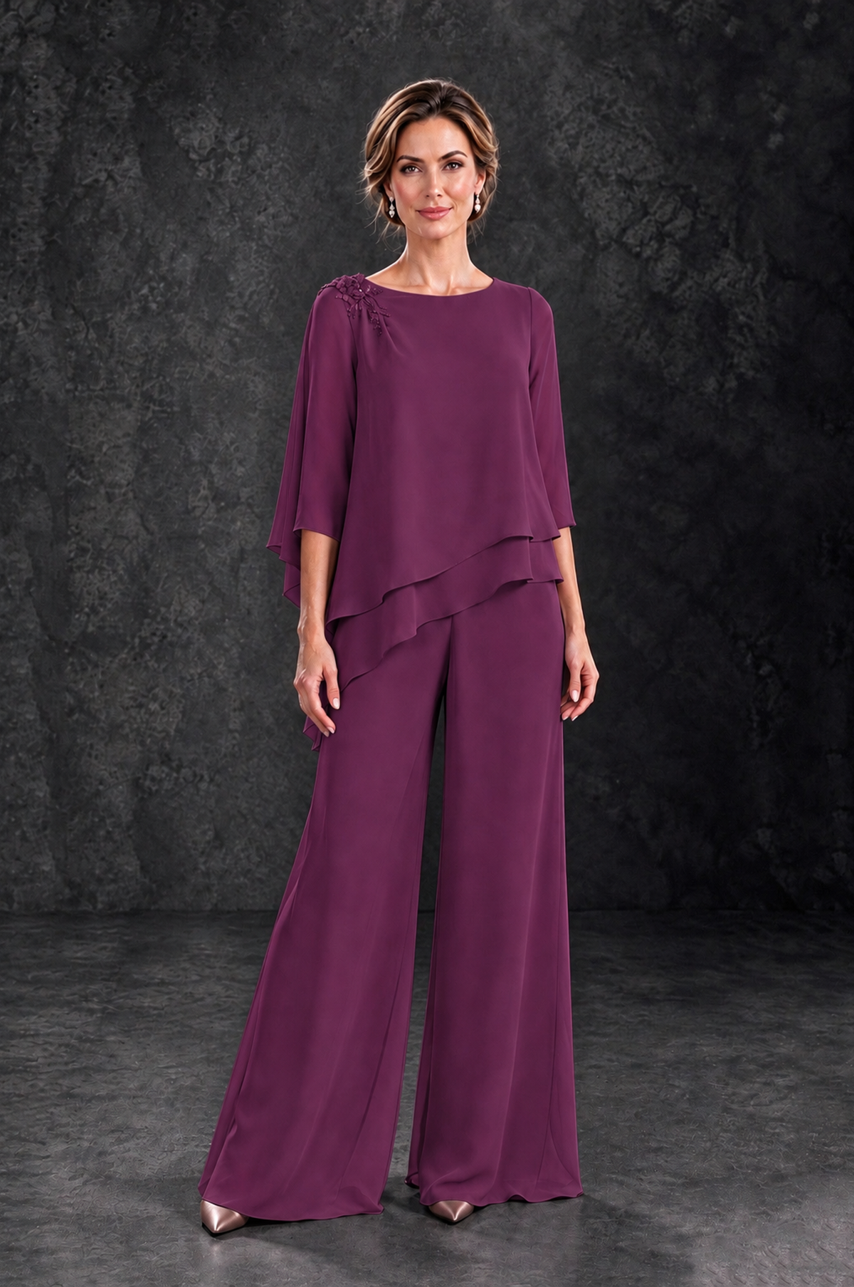 BOLODOO Plum Layered Wide-Leg Mother of the Bride Pant Suit - Plum - Plum_1