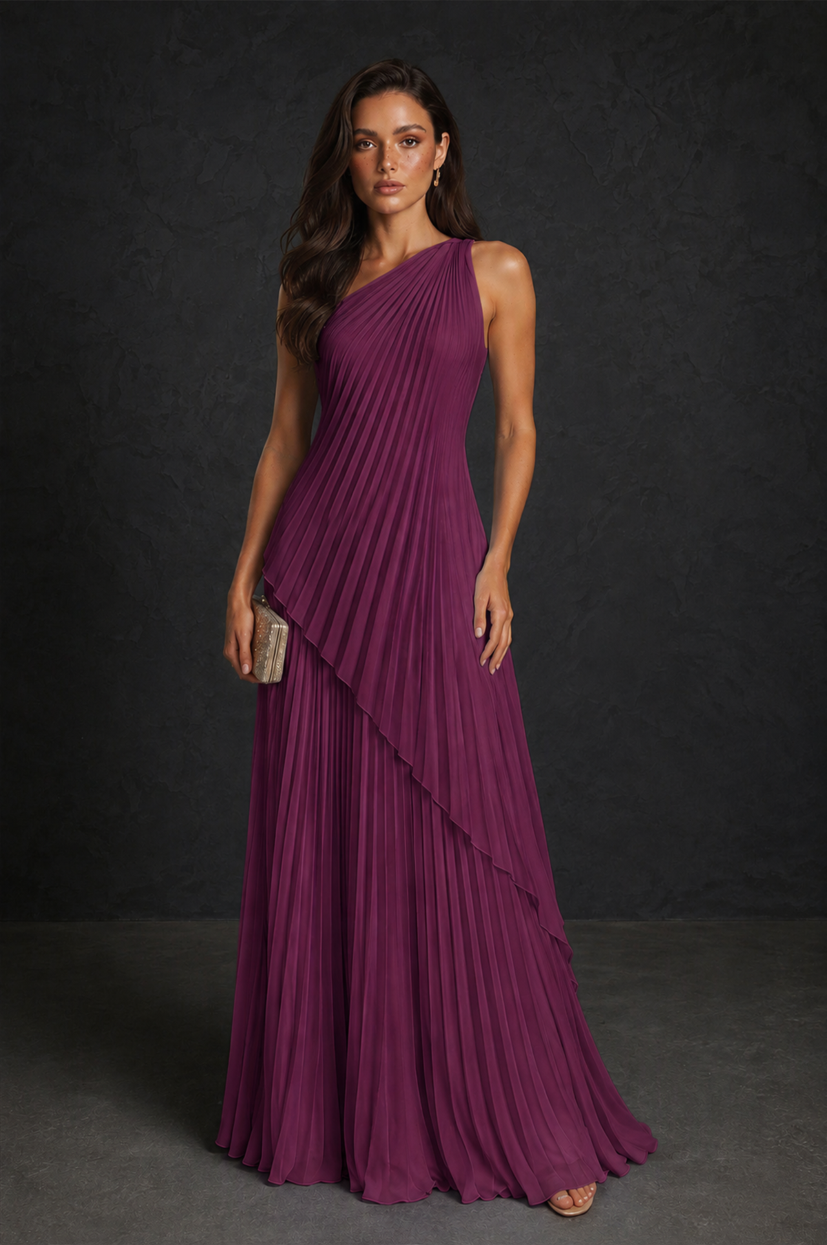 BOLODOO Plum One-Shoulder Sunburst Pleated Asymmetric Layered Overlay Accordion Pleated Chiffon Maxi Dress - Plum