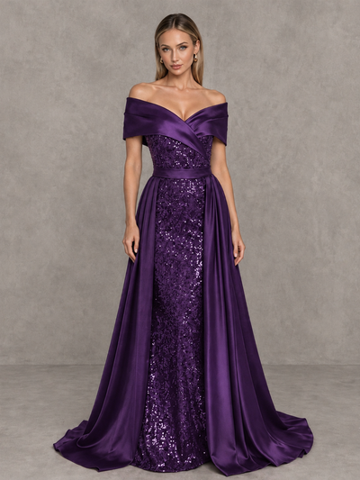 BOLODOO Plum Sequin Mermaid Evening Dress with Detachable Satin Overskirt and Sweep Train - Plum - Plum_1