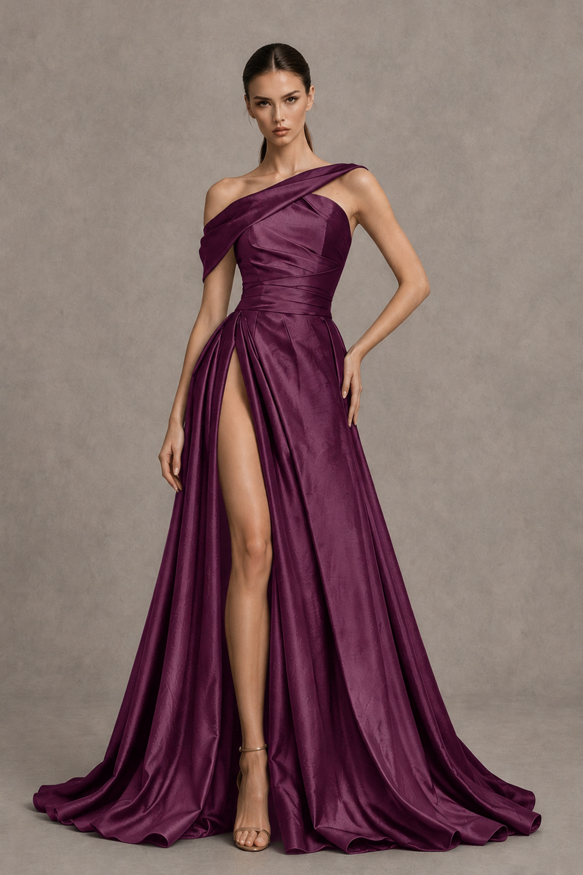BOLODOO Plum Asymmetric Satin-Look A-Line Prom Dress with High Slit - Plum - Plum_1