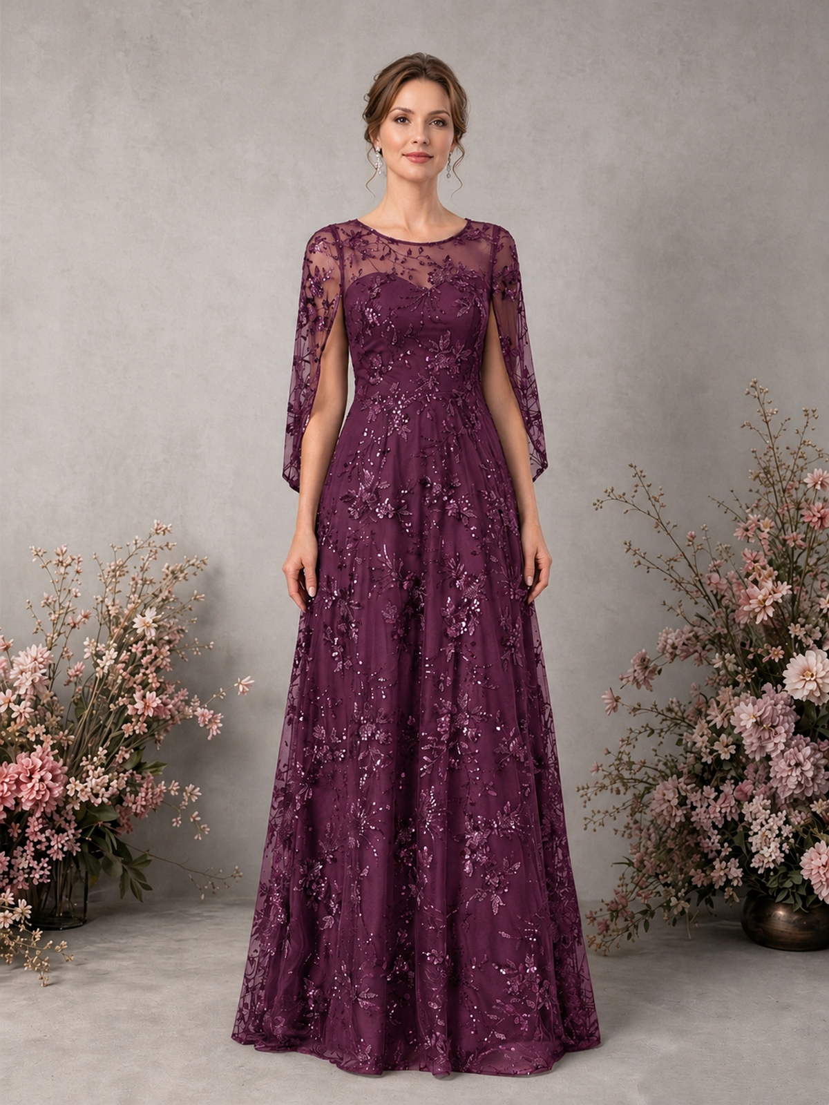 BOLODOO Plum Sequin Lace Cape Sleeve Formal Evening Gown - Plum - Plum_1