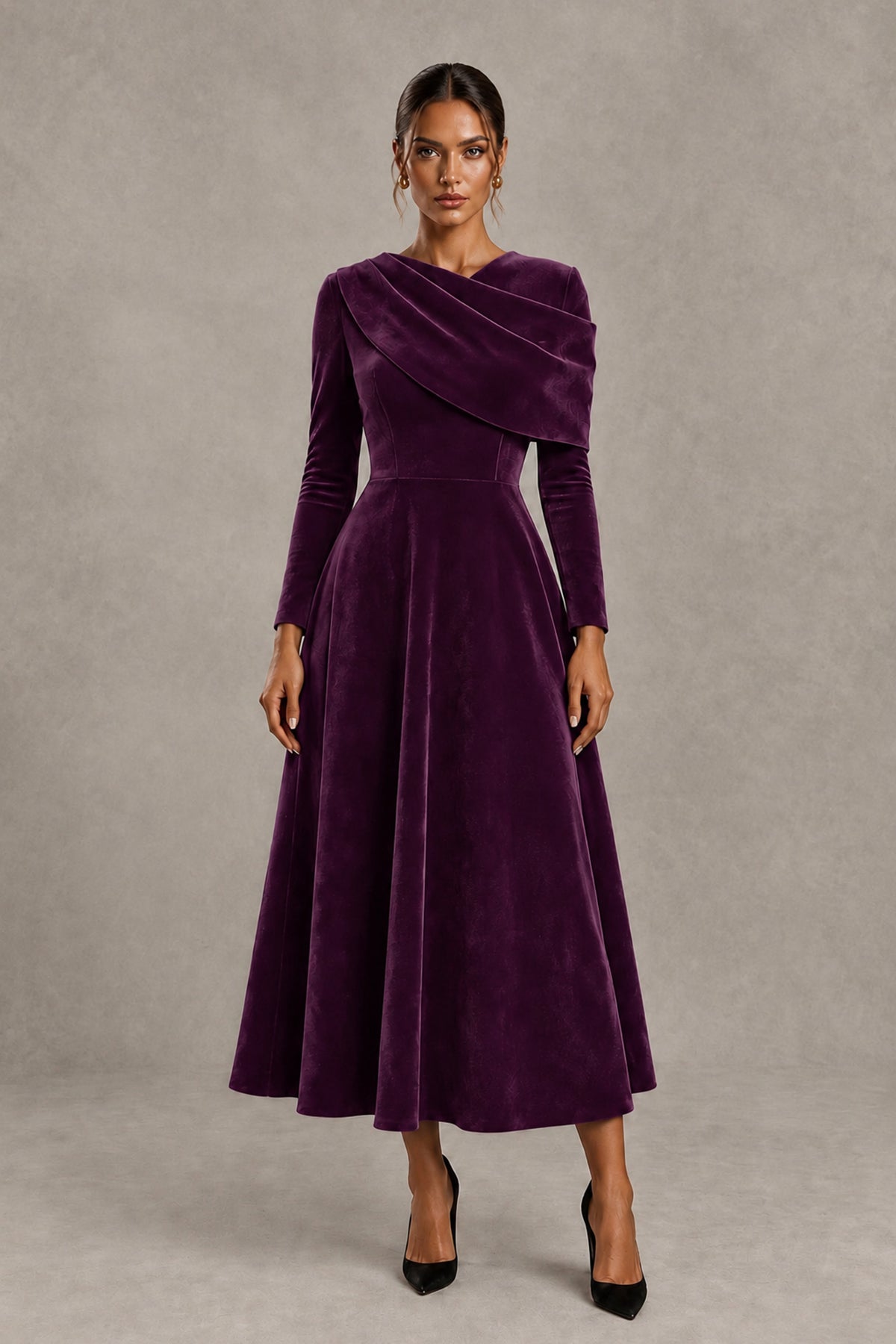 BOLODOO Plum Velvet-Look Long Sleeve Tea-Length A-Line Dress with Draped Neckline - Plum - Plum_1