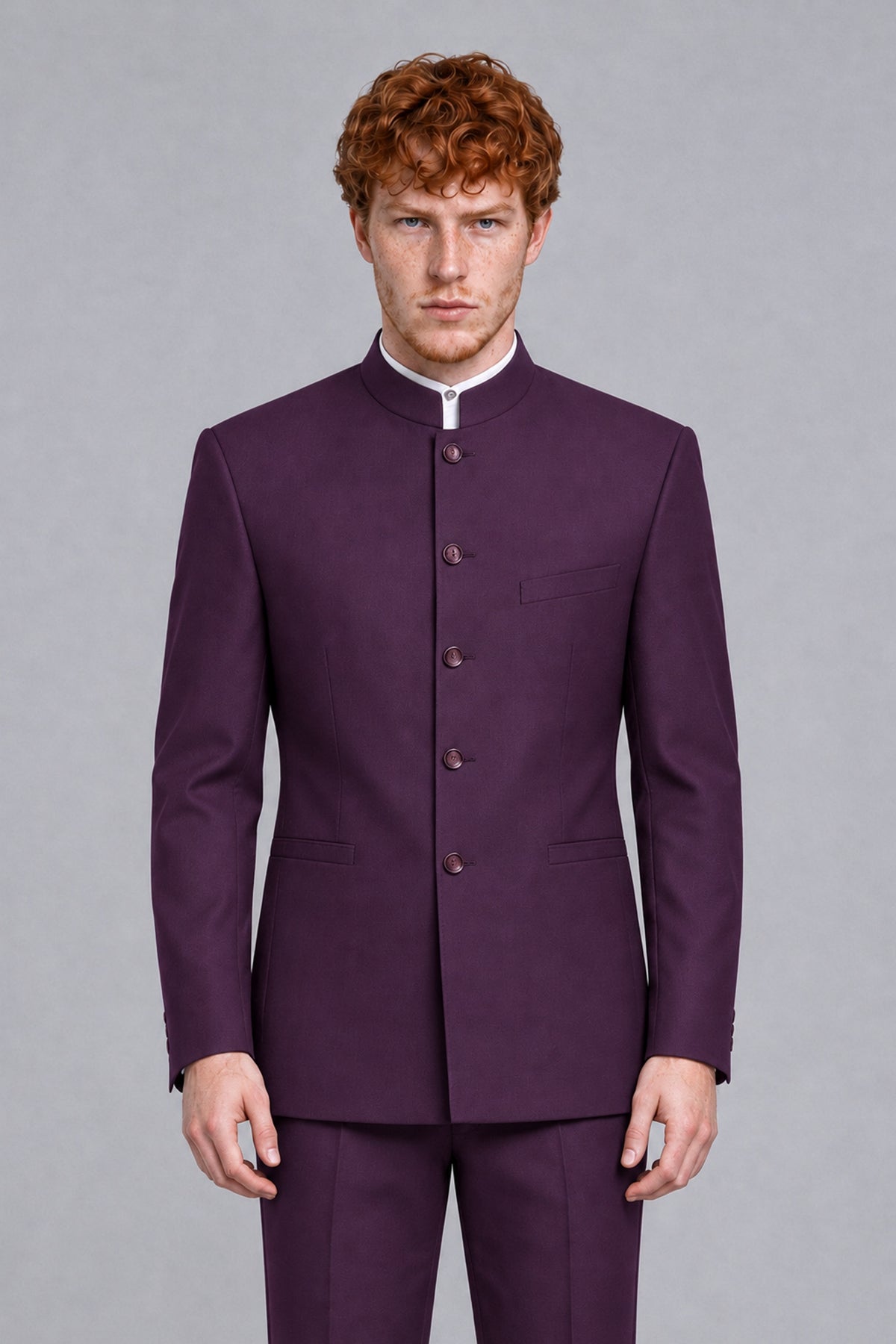 BOLODOO Men's Plum Mandarin Collar Two-Piece Suit - Plum - Plum_1