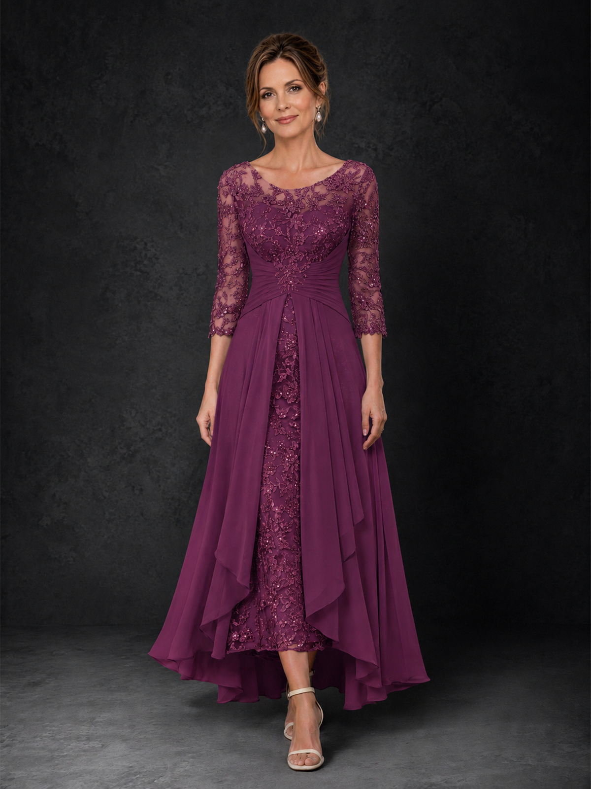 BOLODOO Plum Sequin Lace & Chiffon Tea-Length Mother of the Bride Dress with 3/4 Sleeves - Plum
