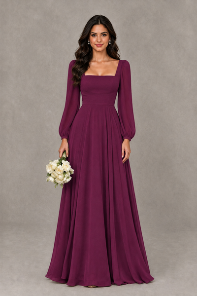 BOLODOO Plum Square Neck Long Sleeve A-Line Bridesmaid Dress - Plum - Plum_1