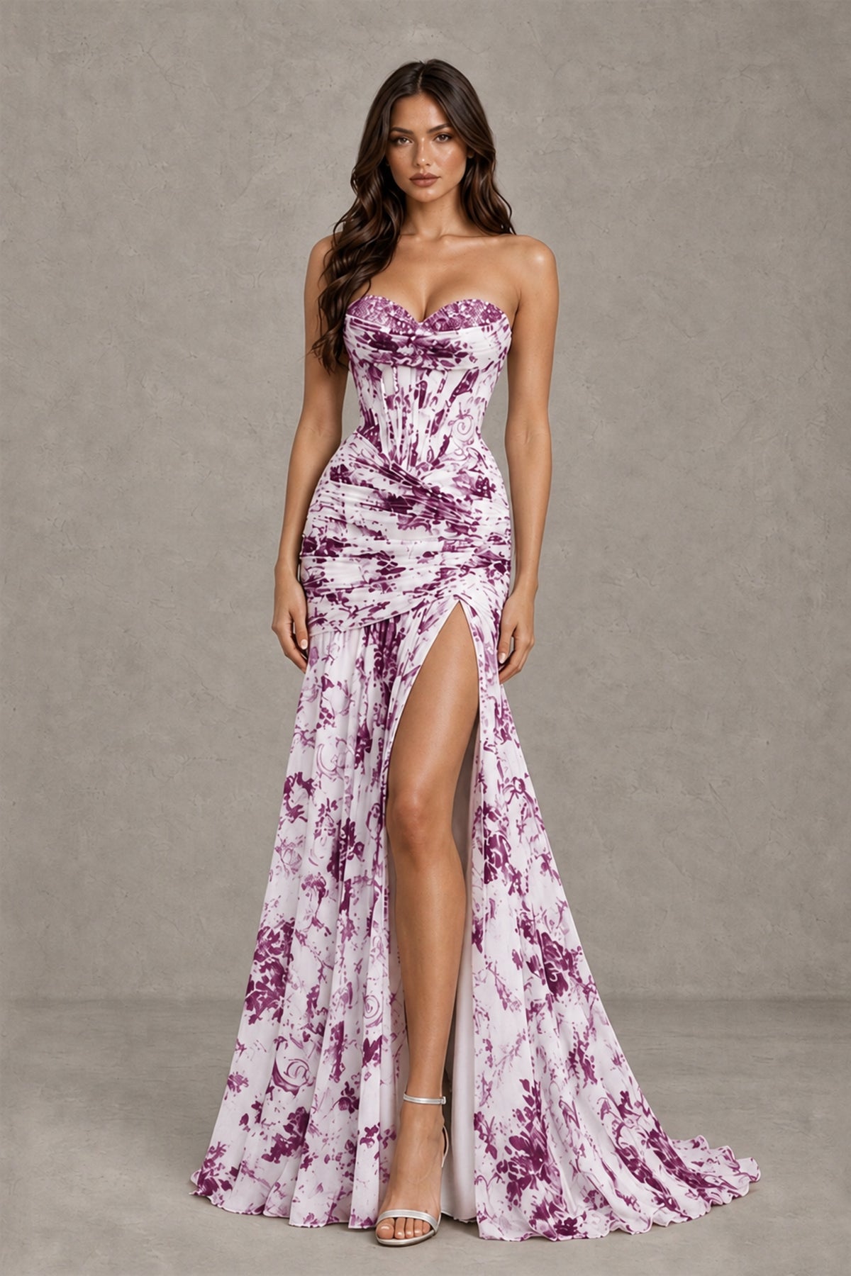 BOLODOO Plum Floral Strapless Corset Mermaid Gown with High Slit - Plum - Plum_1