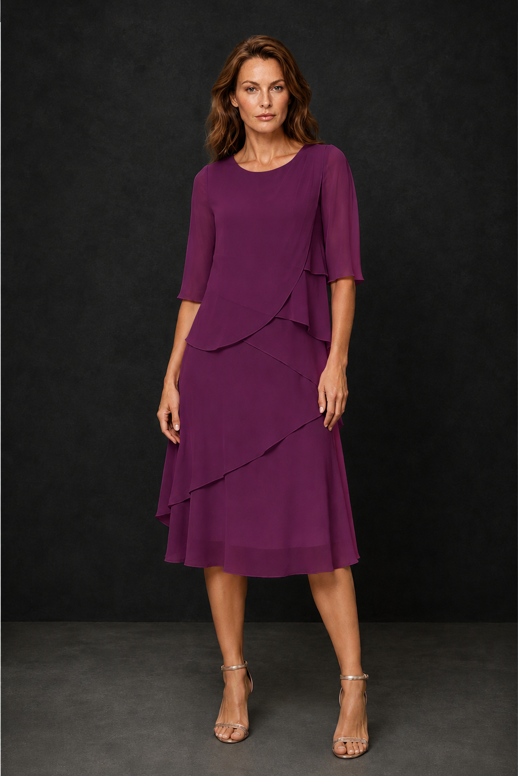 BOLODOO Plum Chiffon 3/4 Sleeve Asymmetric Tiered Tea Length Dress | Mother of the Bride Midi Dress - Plum
