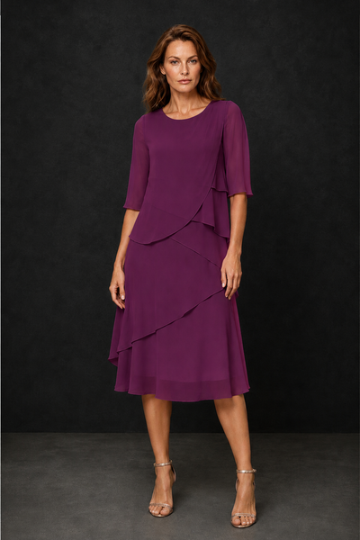 BOLODOO Plum Chiffon 3/4 Sleeve Asymmetric Tiered Tea Length Dress | Mother of the Bride Midi Dress - Plum