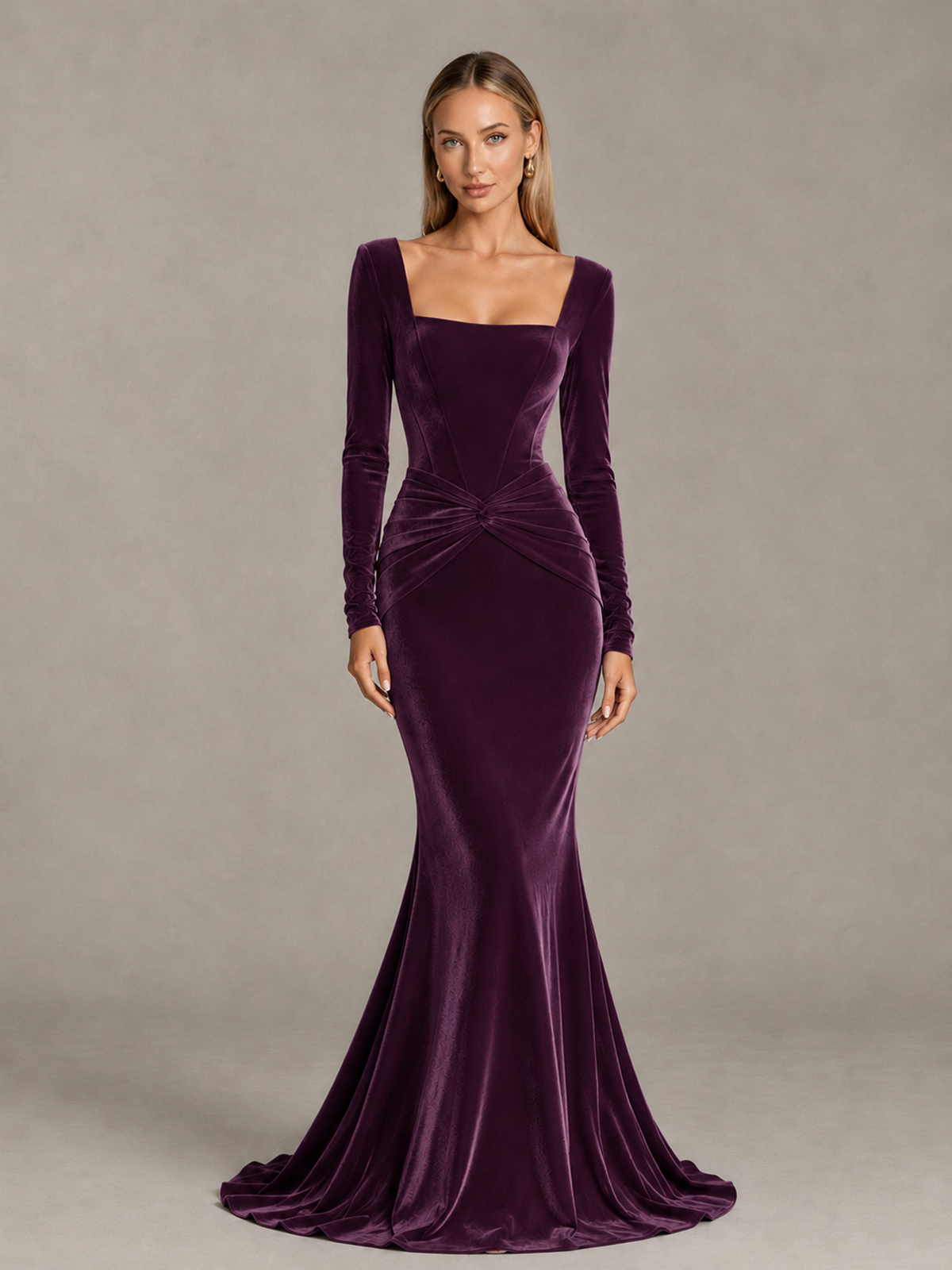 BOLODOO Plum Velvet-Look Square Neck Long Sleeve Mermaid Evening Dress - Plum - Plum_1