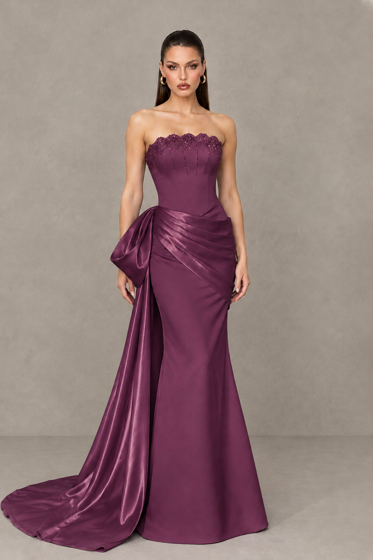BOLODOO Plum Strapless Satin Prom Dress with Draped Side Train - Plum - Plum_1