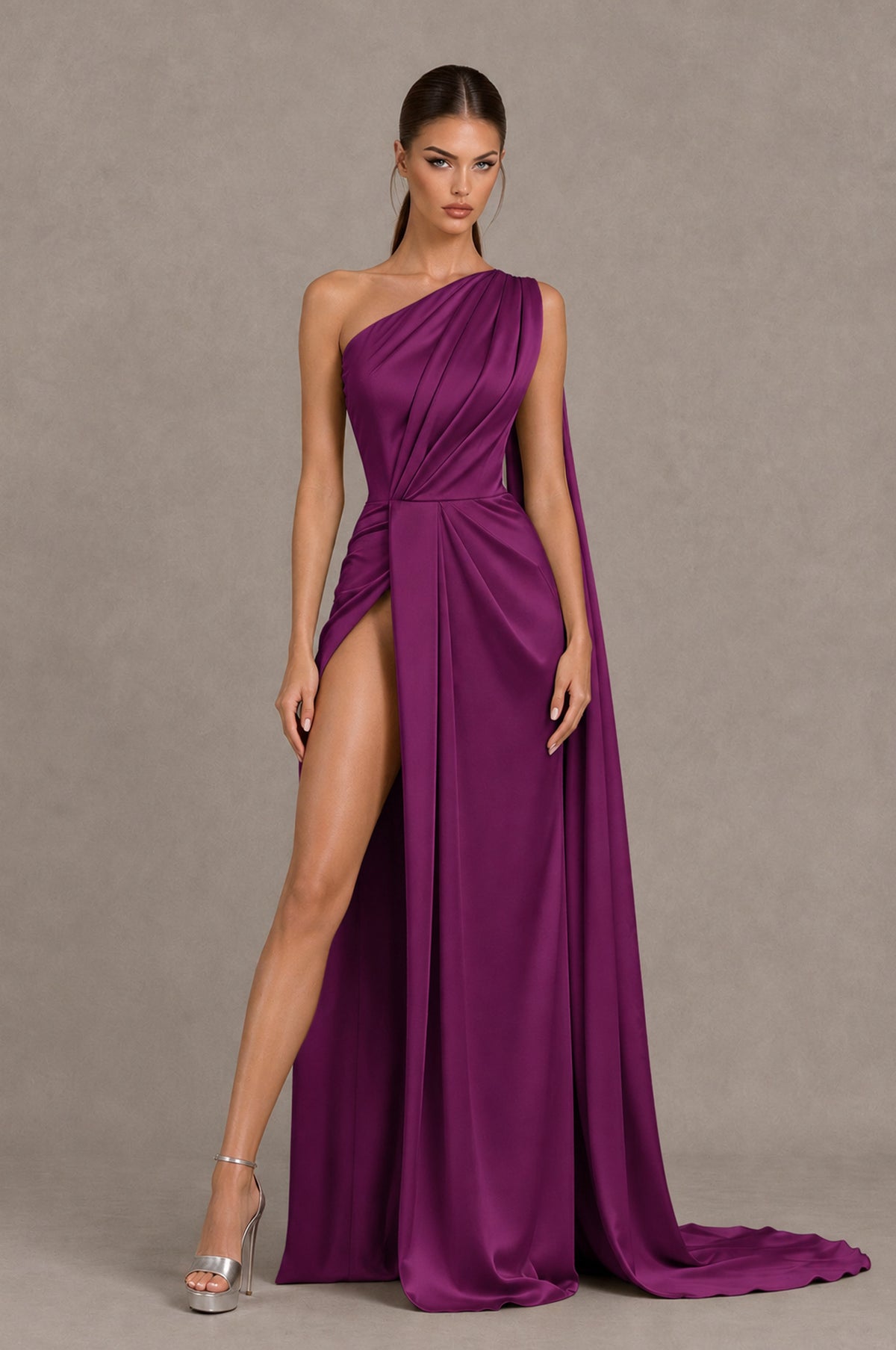BOLODOO Plum One Shoulder Satin Evening Dress with High Slit and Draped Cape Train - Plum - Plum_1