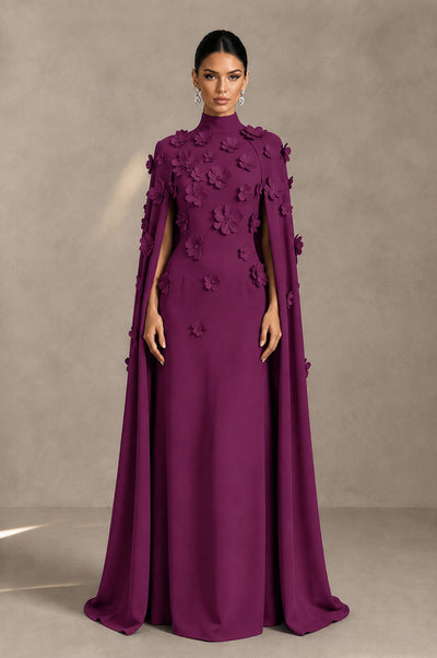 BOLODOO Plum 3D Floral Applique Cape Formal Dress - Plum - Plum_1