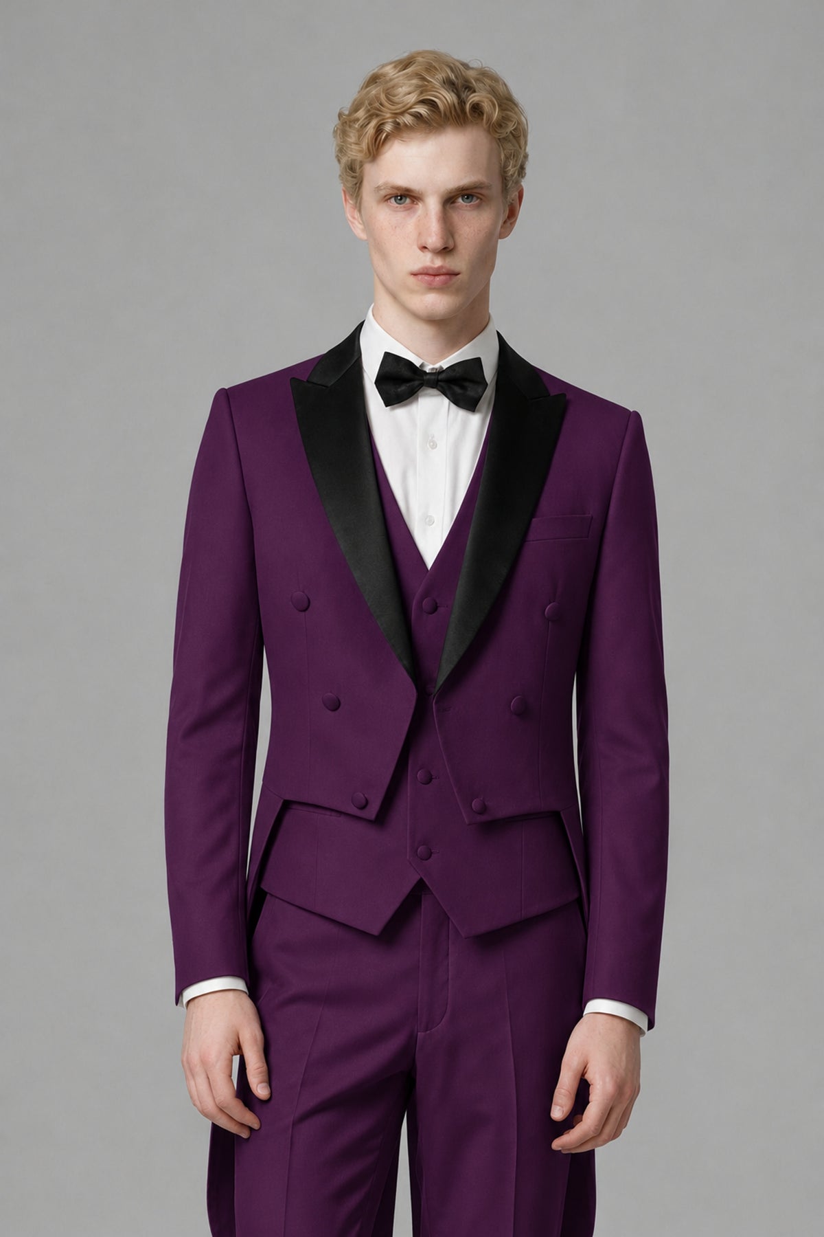 Bolodoo Men's Plum 3-Piece Tailcoat Tuxedo Suit with Vest & Trousers - Plum - Plum_1