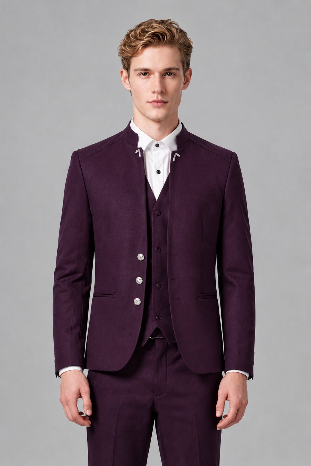 Bolodoo Men's Plum Mandarin Collar 3-Piece Suit – Jacket, Vest & Trousers - Plum - Plum_1