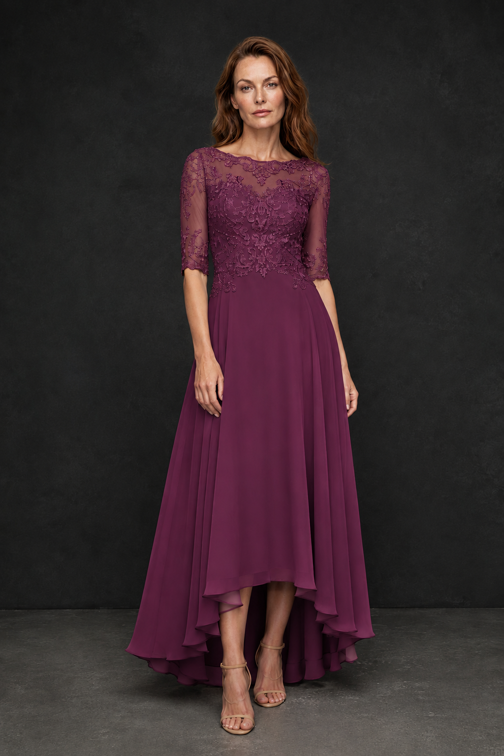 BOLODOO Plum Illusion Lace 3/4 Sleeve Hi-Lo Chiffon A-Line Dress | Mother of the Bride Tea Length Dress - Plum