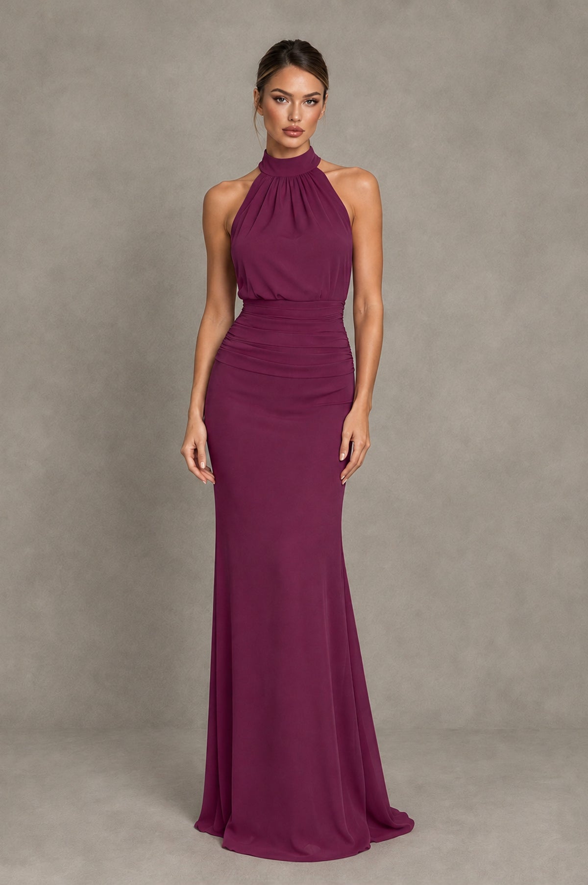 BOLODOO Plum Chiffon Halter Maxi Formal Wedding Guest Dress - Plum - Plum_1