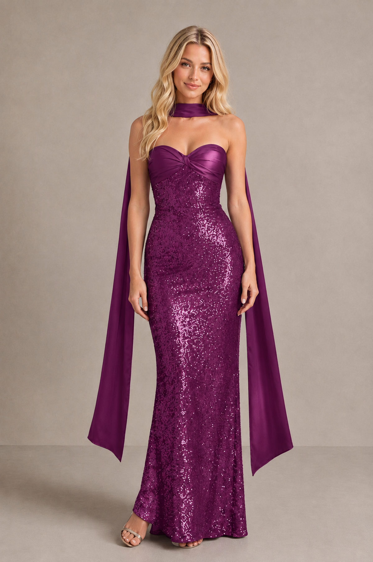 BOLODOO Plum Strapless Sweetheart Evening Dress with Scarf - Plum - Plum_1