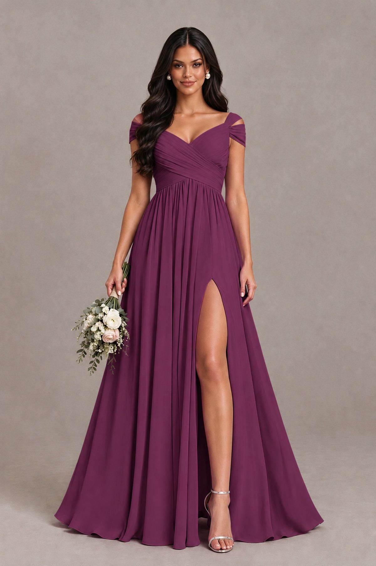 BOLODOO Plum Cold Shoulder Chiffon Evening Dress with V Neck and High Slit - Plum - Plum_1