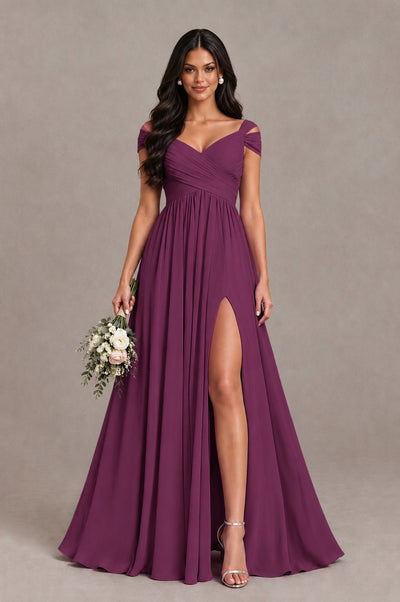 BOLODOO Plum Cold Shoulder Chiffon Evening Dress with V Neck and High Slit - Plum - Plum_1