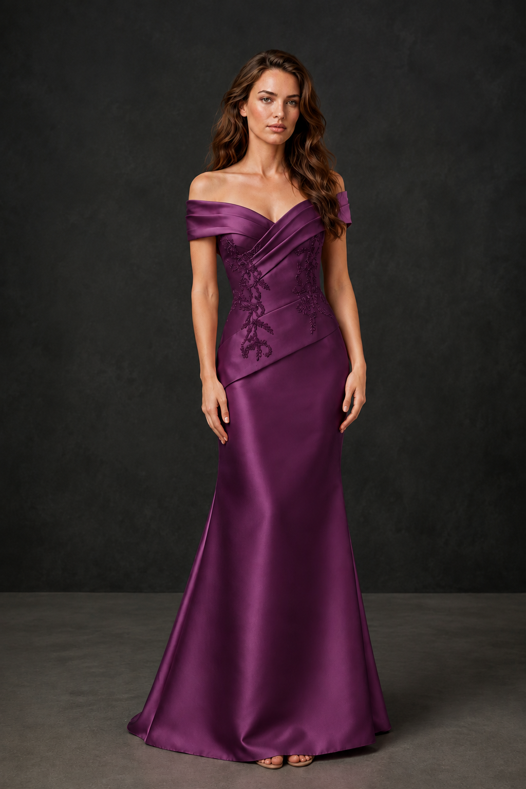 BOLODOO Plum Satin Off-Shoulder Sweetheart Asymmetric Peplum Mermaid Gown with Plum Floral Embroidery | MOB Evening Dress - Plum