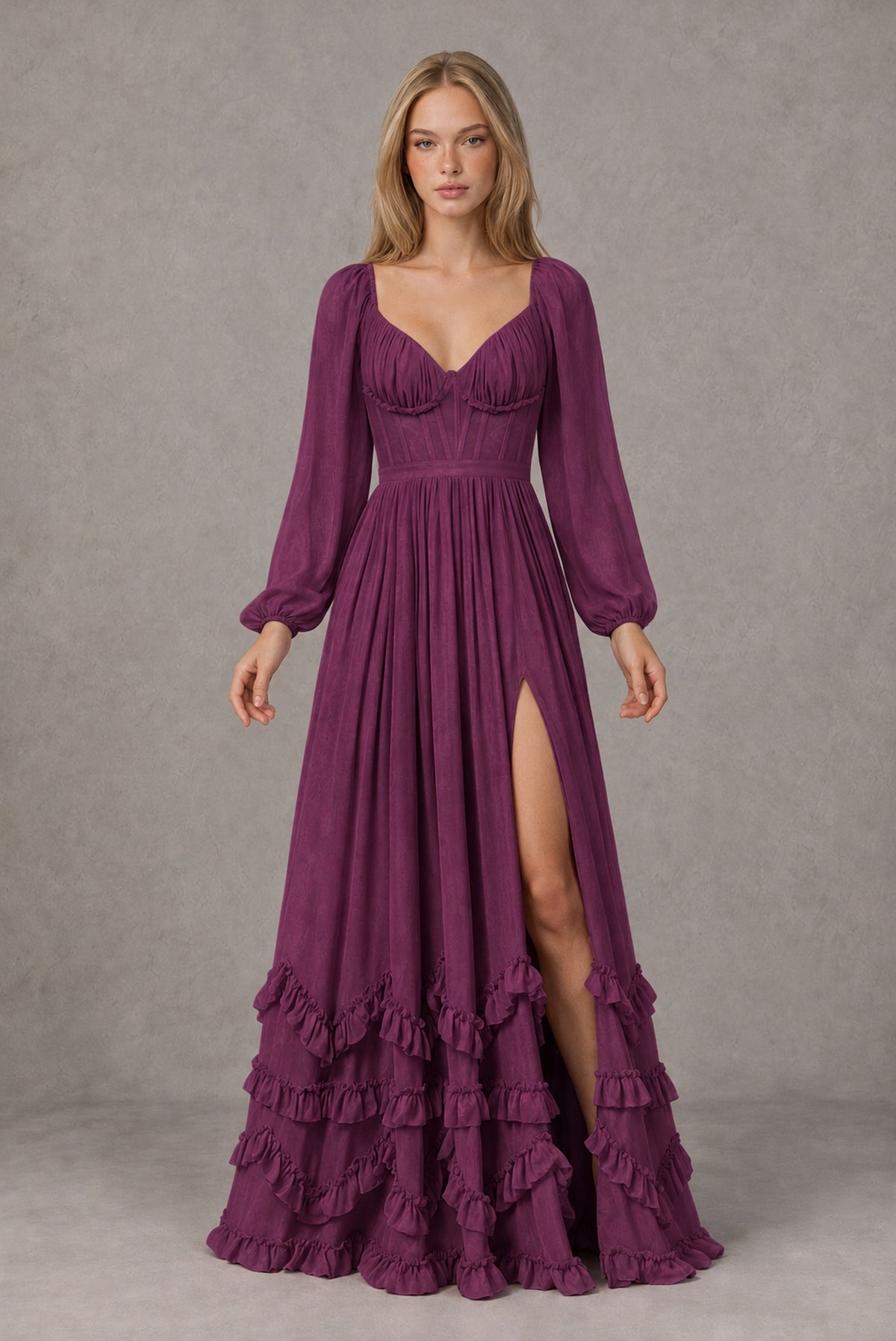Plum Long-Sleeve Ruffle Maxi Dress with Lace-Up Back and Slit - Plum