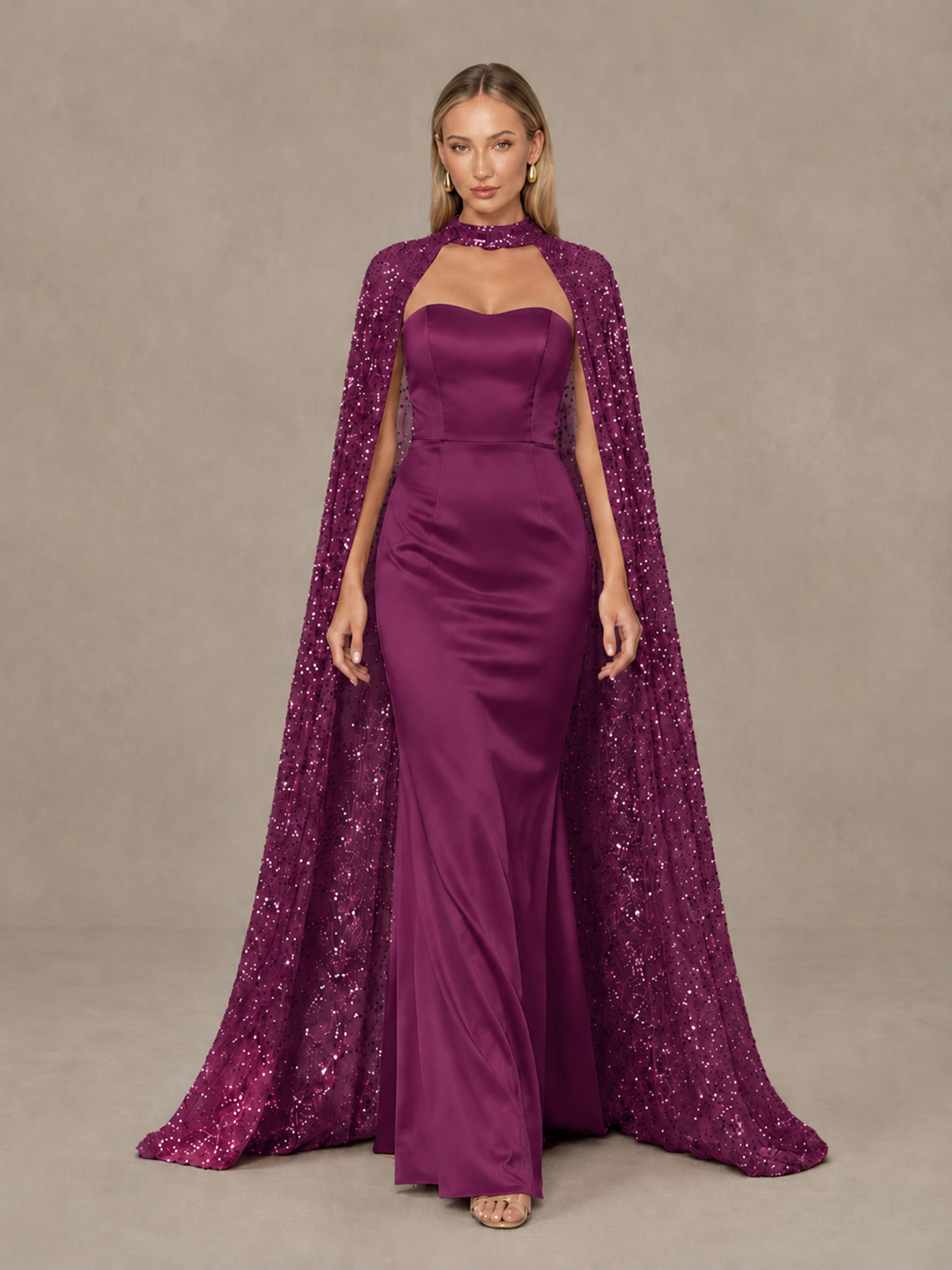 BOLODOO Plum Strapless Satin-Look Evening Gown with Sequin Cape - Plum - Plum_1