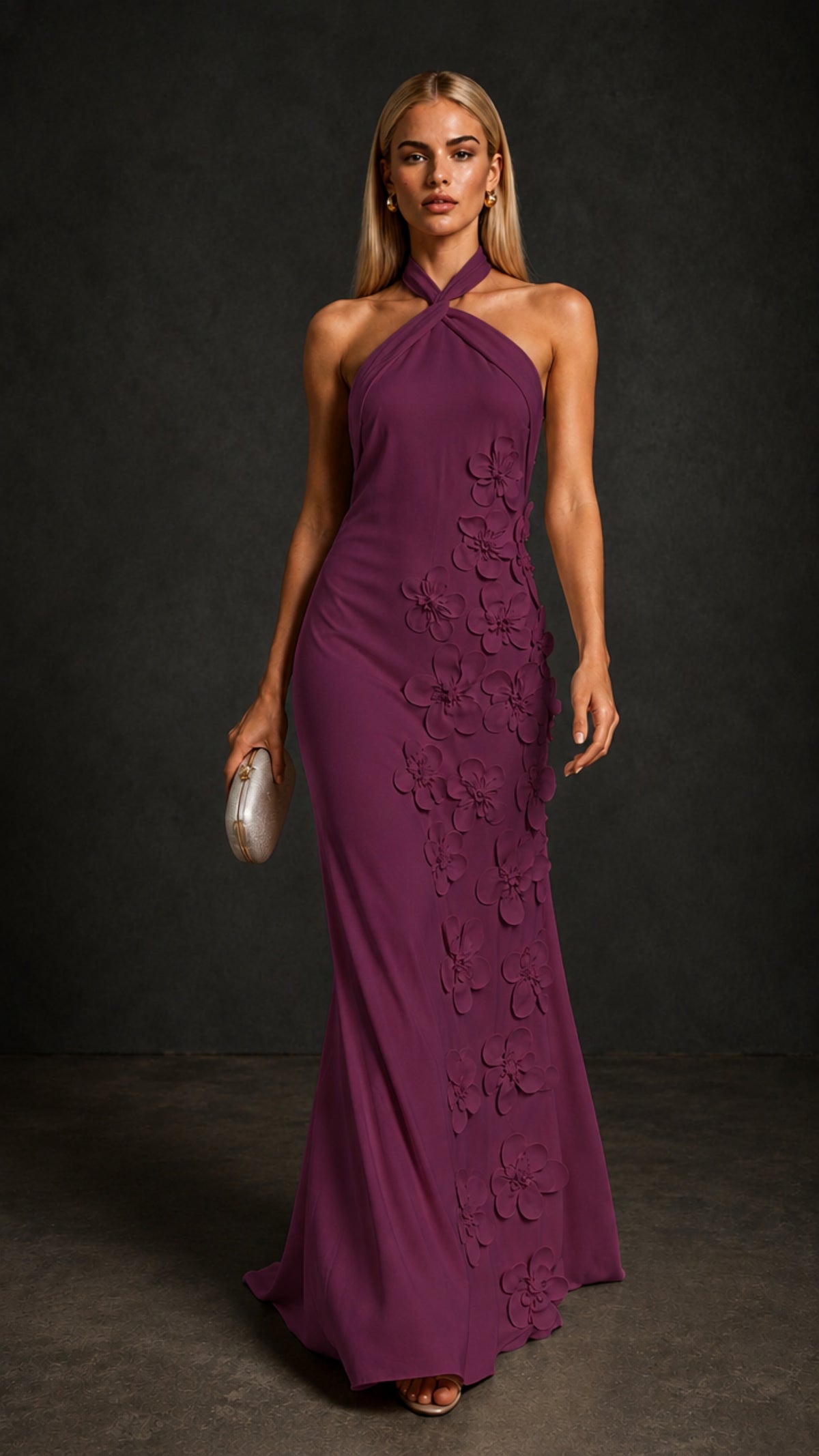 BOLODOO Plum Cross Halter Neck 3D Floral Appliqué Backless Mermaid Maxi Gown - Plum