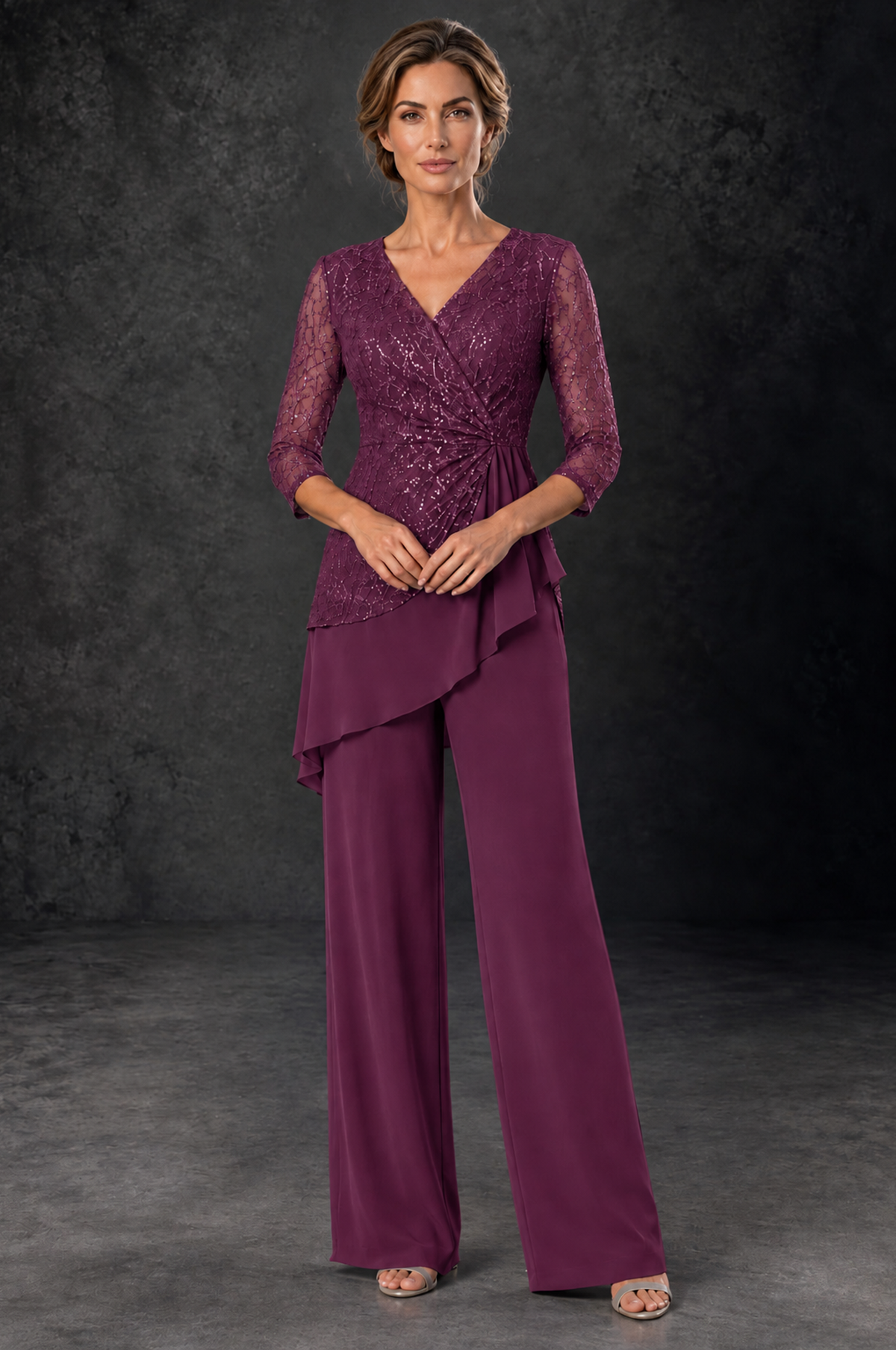 BOLODOO Plum Sequin Lace 3/4 Sleeve Chiffon Mother of the Bride Pant Suit - Plum - Plum_1