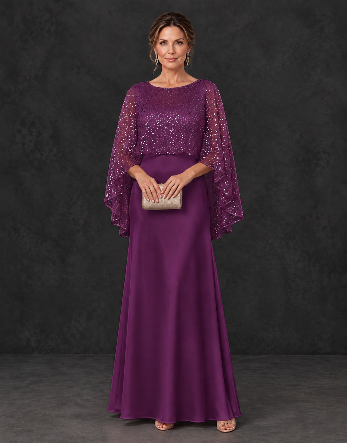 BOLODOO Plum Sparkle Cape Sleeve Mother of the Bride Dress - Plum - Plum_1